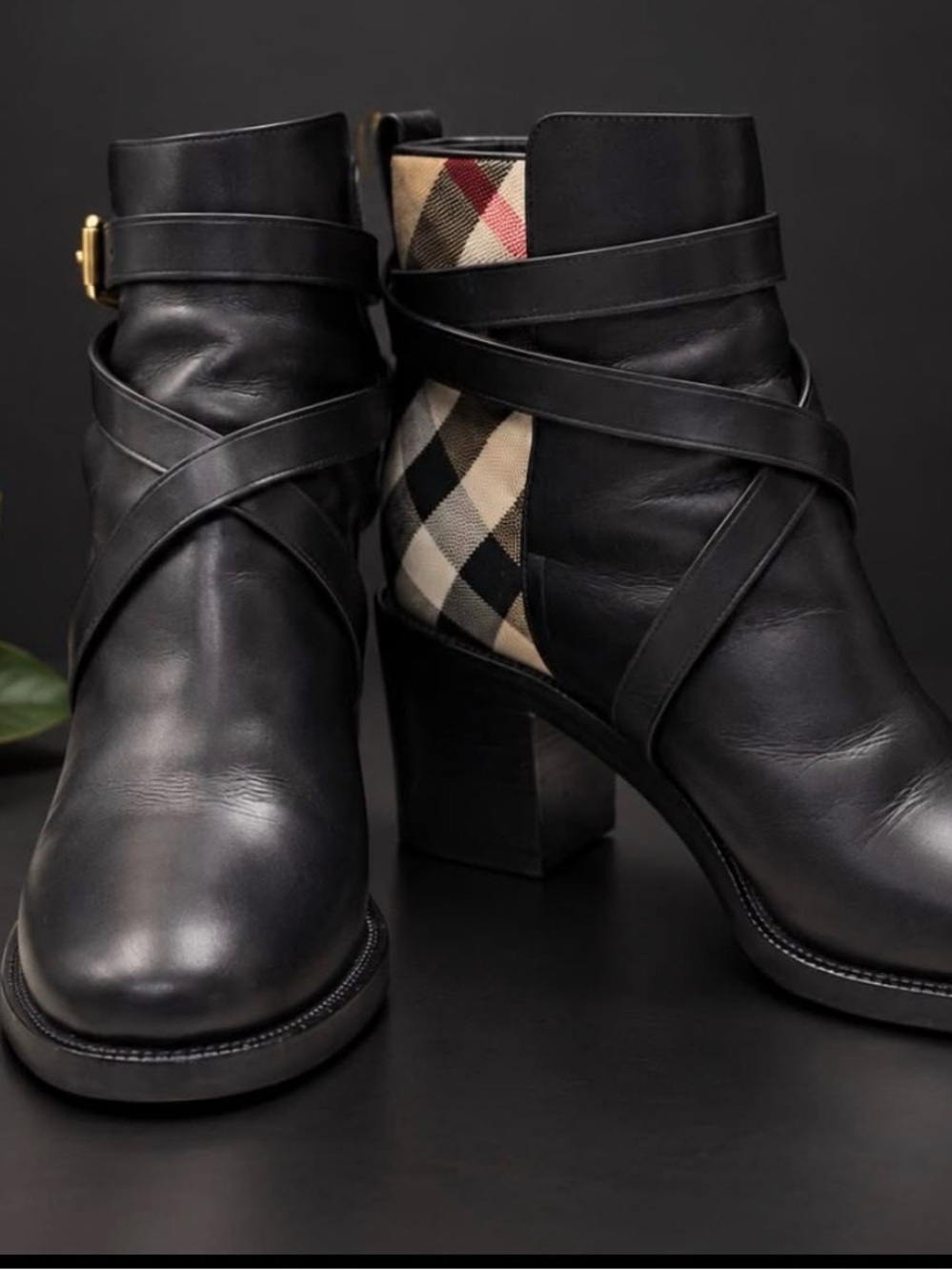 Burberry Black Leather Ankle Boots with Check Panel and Wrap Strap
